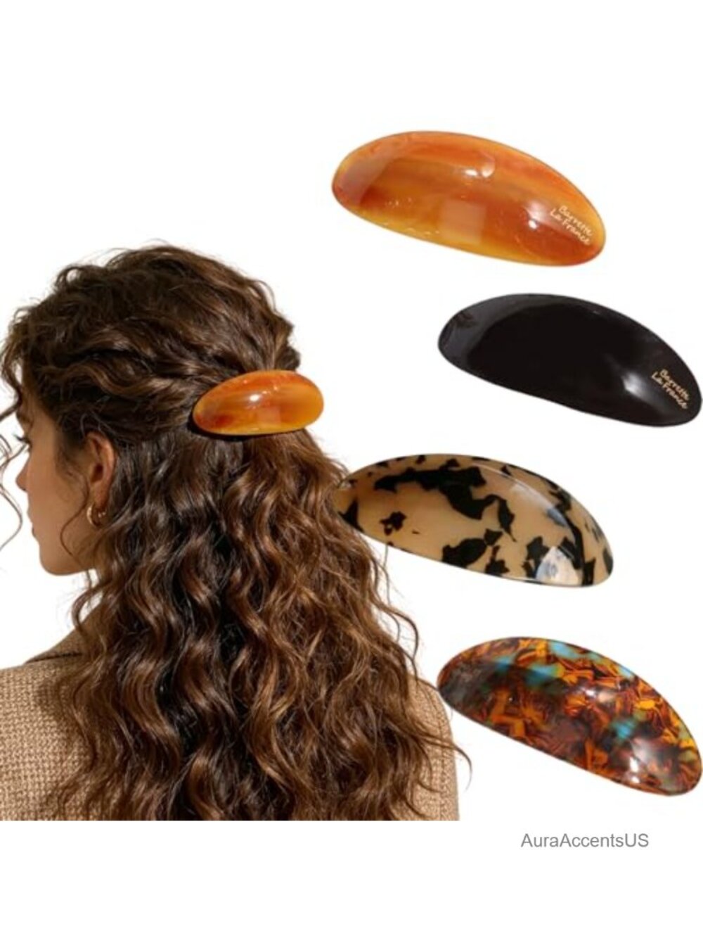 Large Acetate Snap Hair Barrettes for Thick Hair Set of 4 Vintage Style